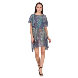 Women Blue Floral Printed One Side Flare Dress Knee Length